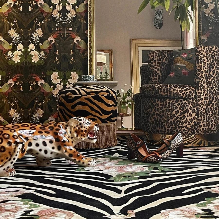 Zebra Florals Black And White Modern Hand knotted rugs