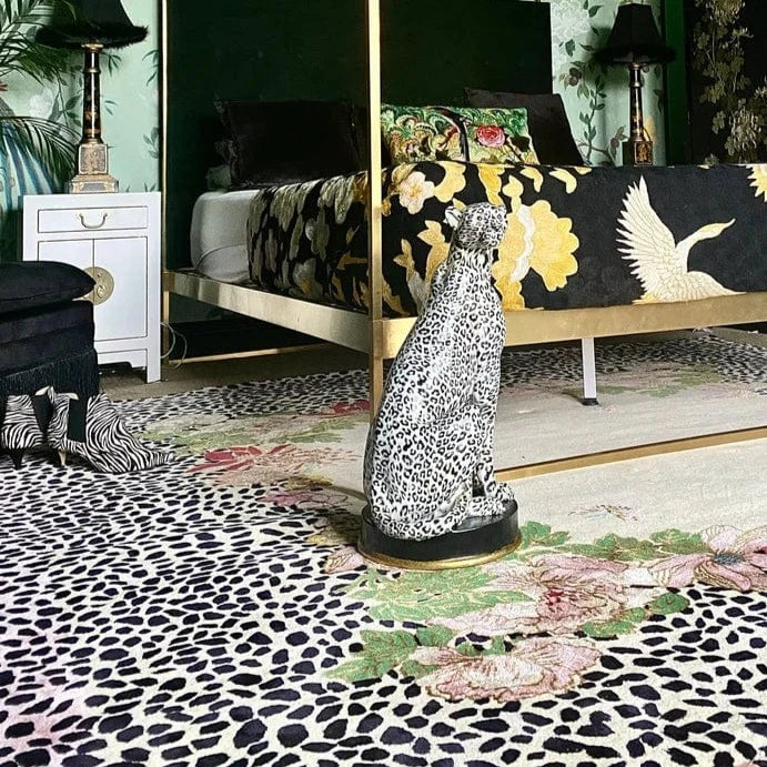 Cheetah Florals Black And White Indian Made Wool Rug Hand Tufted Rug PRE ORDER