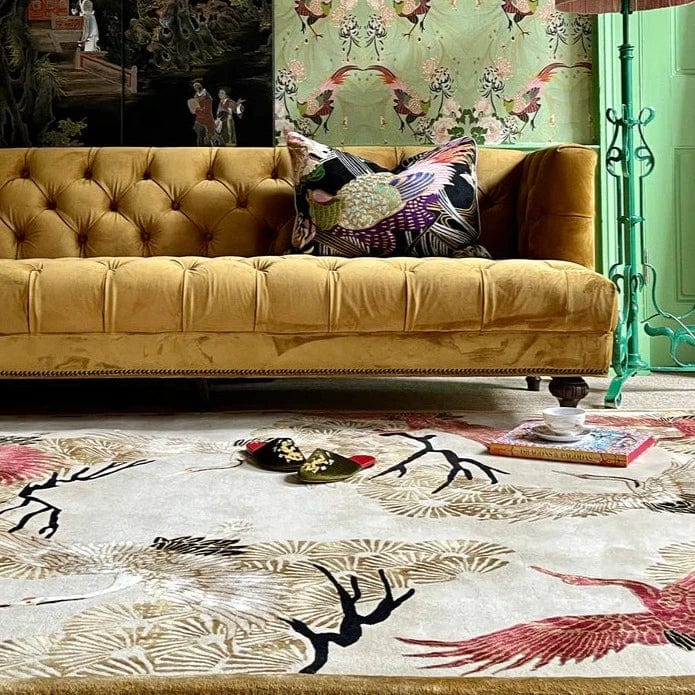 Cranes in Trees Golden Red bird Hand Tufted Rug PRE ORDER