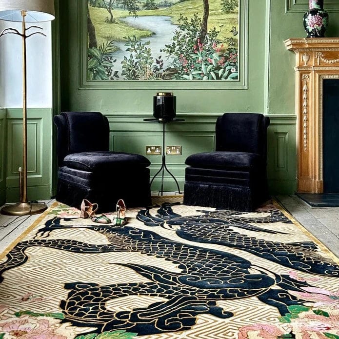 Dragon Florals golden 9x12 ft size Black & Gold Hand Tufted Rug PRE ORDER