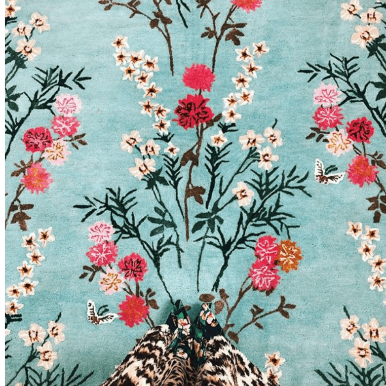 Red Flowers of Virtue Opal Blue 5x8 ft Hand Tufted Rug PRE ORDER