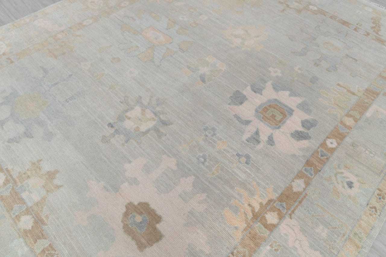 Hand-Knotted Oushak Rug with Pastel Floral Motifs, Light Beige Turkish Area Rug, Vintage-Inspired Bohemian Decor, 5x8 Unique Botanical Design