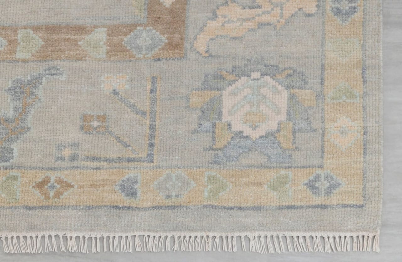Hand-Knotted Oushak Rug with Pastel Floral Motifs, Light Beige Turkish Area Rug, Vintage-Inspired Bohemian Decor, 5x8 Unique Botanical Design