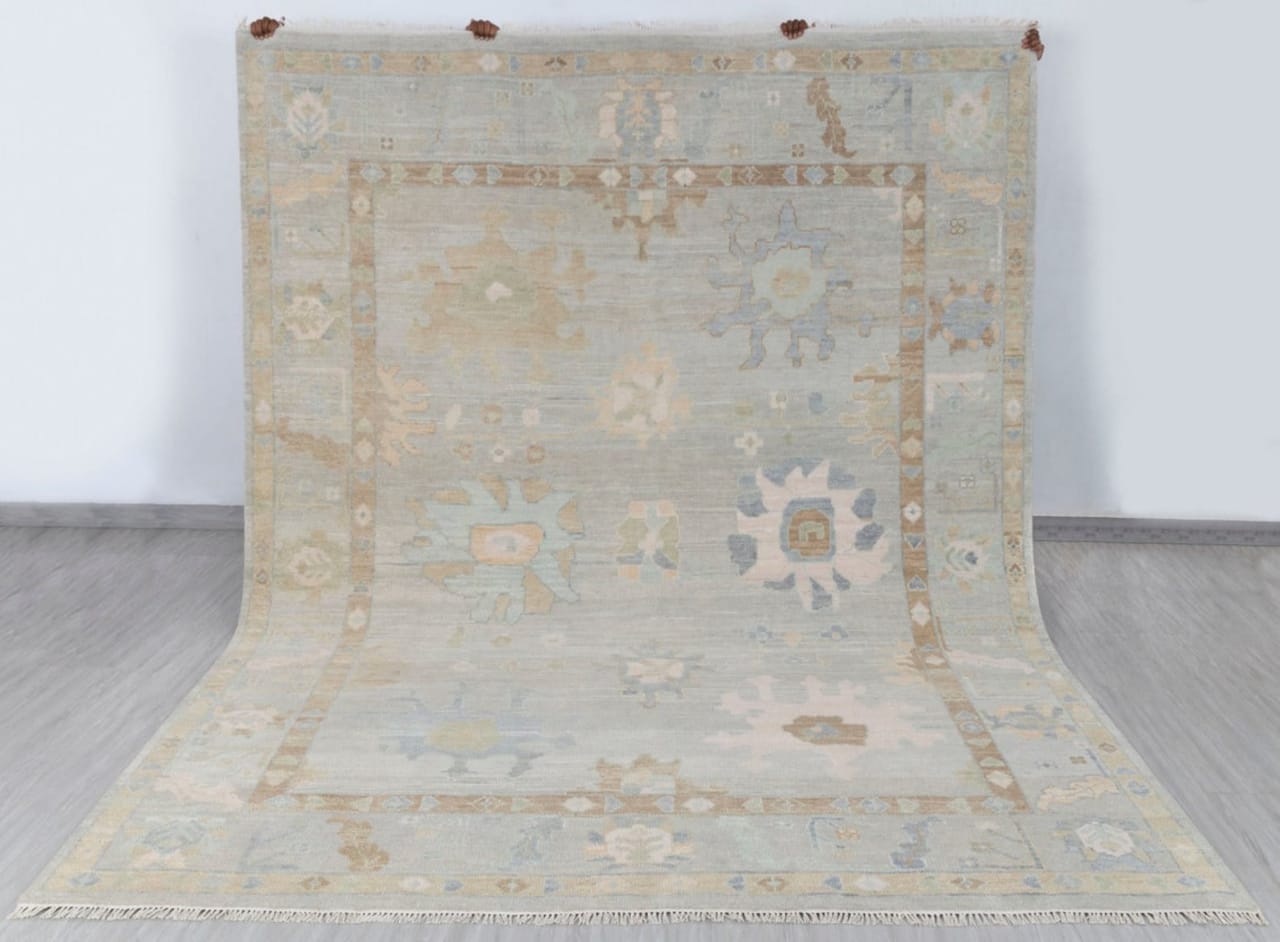 Hand-Knotted Oushak Rug with Pastel Floral Motifs, Light Beige Turkish Area Rug, Vintage-Inspired Bohemian Decor, 5x8 Unique Botanical Design