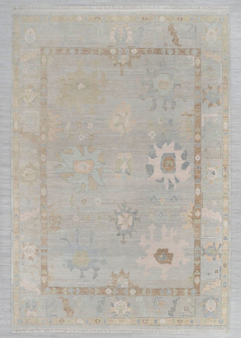 Hand-Knotted Oushak Rug with Pastel Floral Motifs, Light Beige Turkish Area Rug, Vintage-Inspired Bohemian Decor, 5x8 Unique Botanical Design