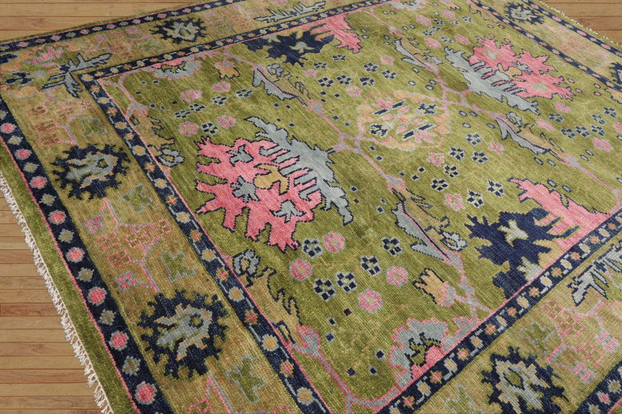 9x12 10x14 ft Green pink Hand knotted Oushak Area Rug- Pastel Floral Pattern, Living room area rugs