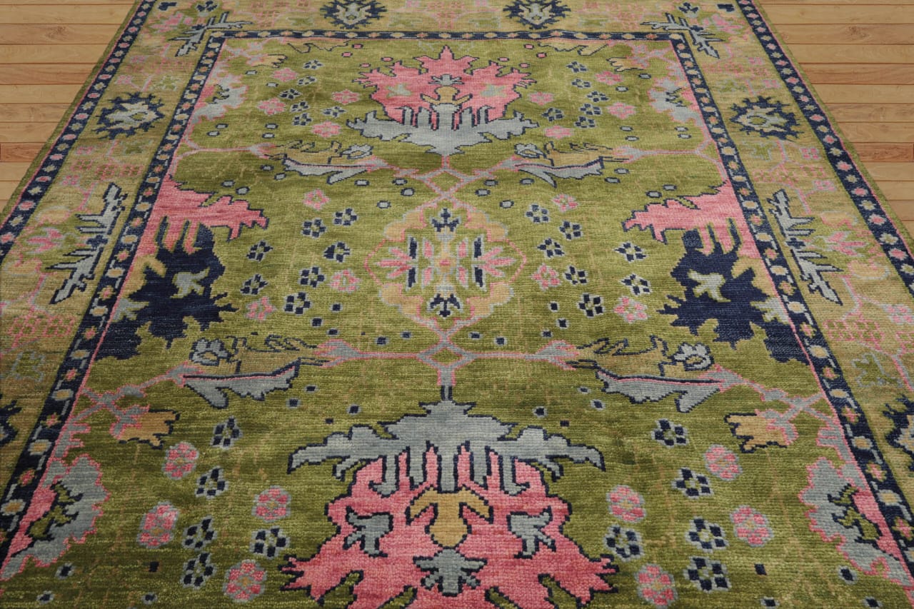 9x12 10x14 ft Green pink Hand knotted Oushak Area Rug- Pastel Floral Pattern, Living room area rugs