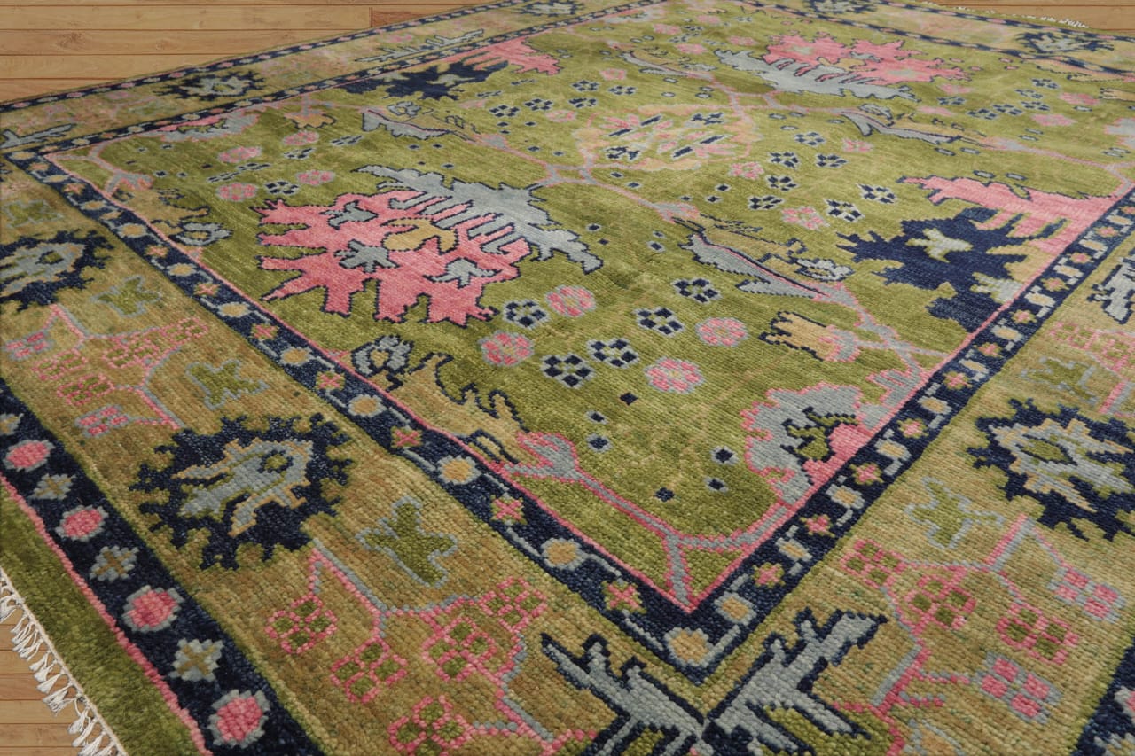9x12 10x14 ft Green pink Hand knotted Oushak Area Rug- Pastel Floral Pattern, Living room area rugs