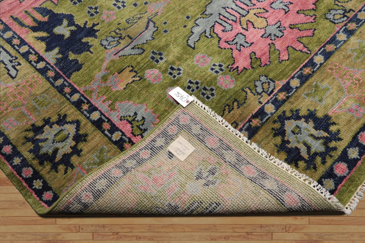 9x12 10x14 ft Green pink Hand knotted Oushak Area Rug- Pastel Floral Pattern, Living room area rugs
