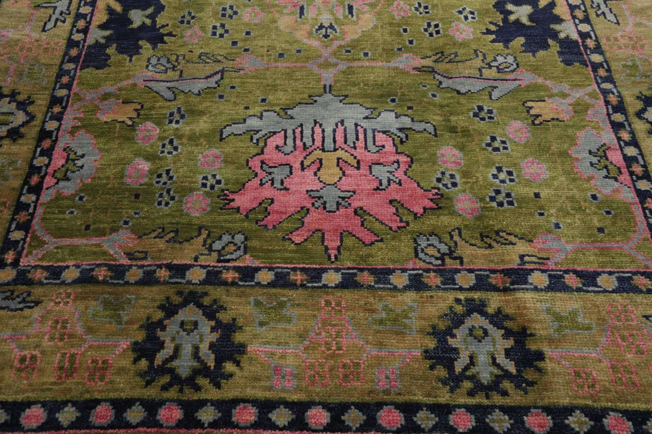 9x12 10x14 ft Green pink Hand knotted Oushak Area Rug- Pastel Floral Pattern, Living room area rugs