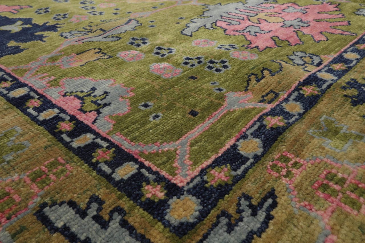 9x12 10x14 ft Green pink Hand knotted Oushak Area Rug- Pastel Floral Pattern, Living room area rugs