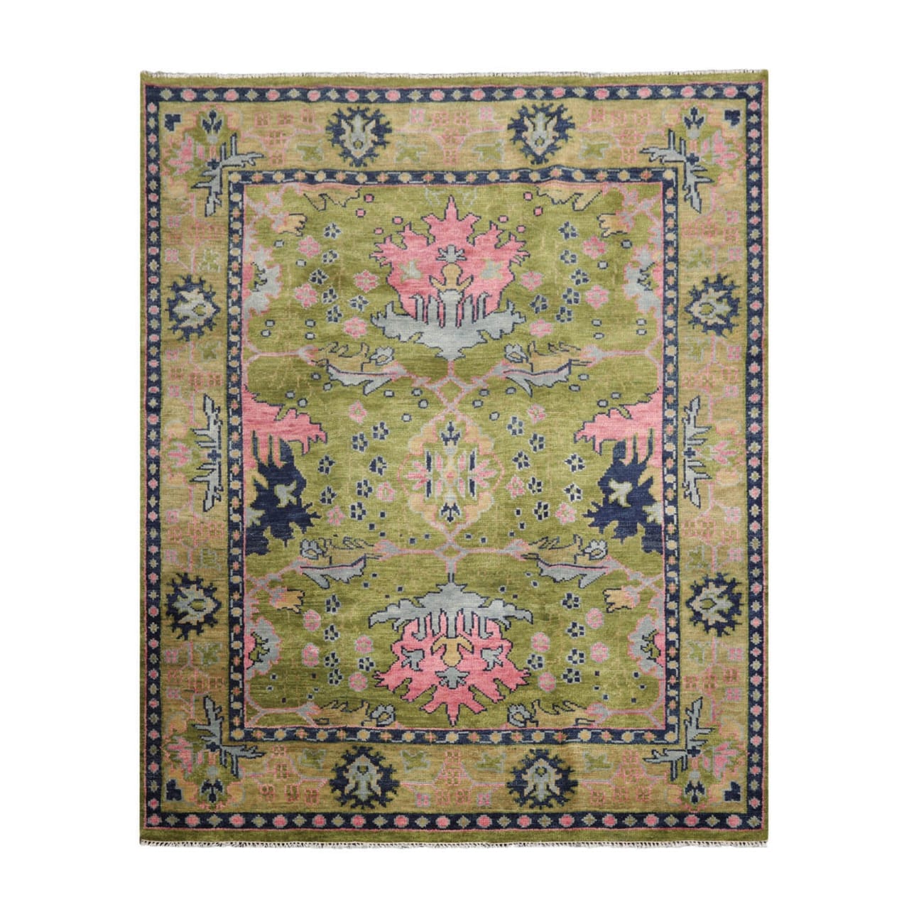 9x12 10x14 ft Green pink Hand knotted Oushak Area Rug- Pastel Floral Pattern, Living room area rugs