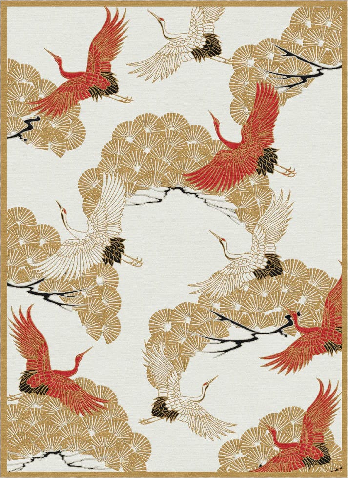 Cranes in Trees Golden Red bird Hand Tufted Rug PRE ORDER