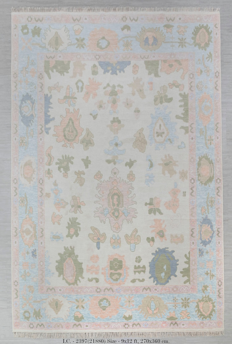 Vintage Pastel ivory and pink Oushak Rug - Handmade Turkish Floral Wool Carpet, Unique Distressed Area Rug for Living Room Decor”9x12 10x14 12x15