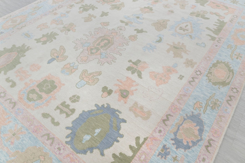 Vintage Pastel ivory and pink Oushak Rug - Handmade Turkish Floral Wool Carpet, Unique Distressed Area Rug for Living Room Decor”9x12 10x14 12x15