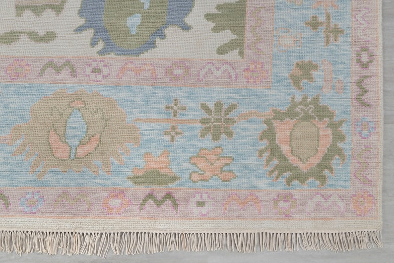 Vintage Pastel ivory and pink Oushak Rug - Handmade Turkish Floral Wool Carpet, Unique Distressed Area Rug for Living Room Decor”9x12 10x14 12x15