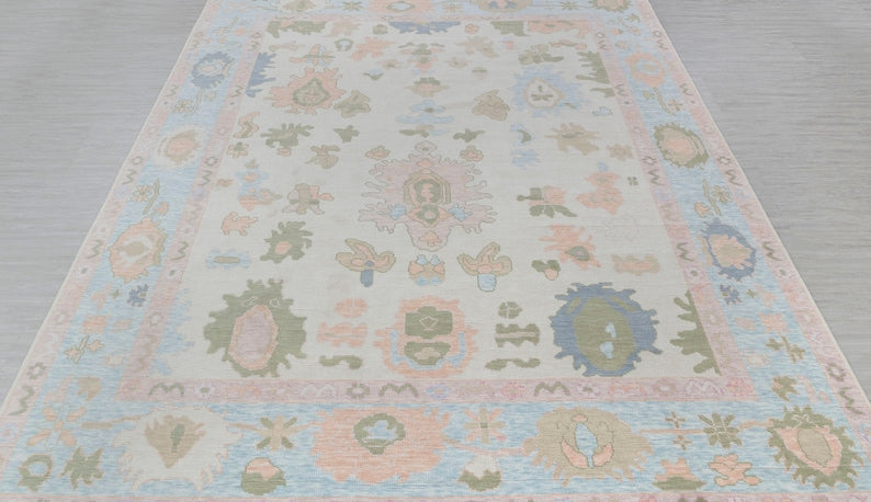 Vintage Pastel ivory and pink Oushak Rug - Handmade Turkish Floral Wool Carpet, Unique Distressed Area Rug for Living Room Decor”9x12 10x14 12x15
