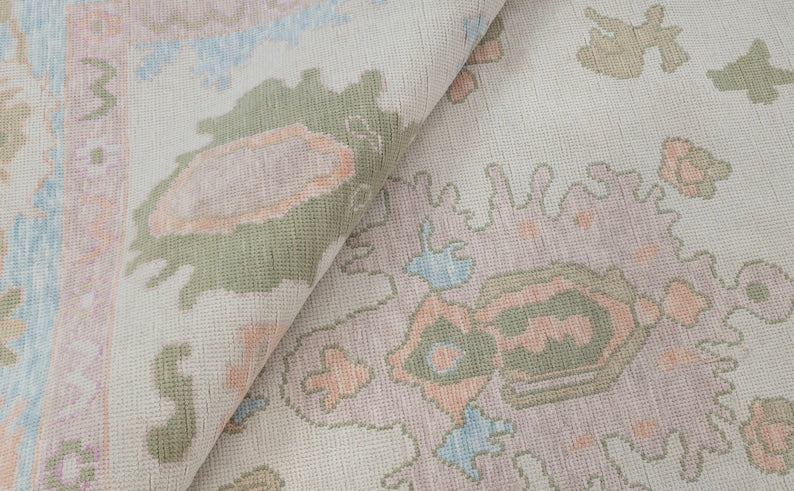 Vintage Pastel ivory and pink Oushak Rug - Handmade Turkish Floral Wool Carpet, Unique Distressed Area Rug for Living Room Decor”9x12 10x14 12x15