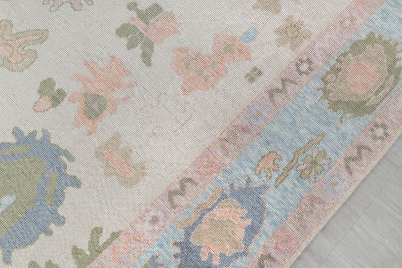 Vintage Pastel ivory and pink Oushak Rug - Handmade Turkish Floral Wool Carpet, Unique Distressed Area Rug for Living Room Decor”9x12 10x14 12x15