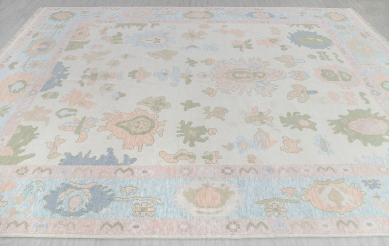 Vintage Pastel ivory and pink Oushak Rug - Handmade Turkish Floral Wool Carpet, Unique Distressed Area Rug for Living Room Decor”9x12 10x14 12x15