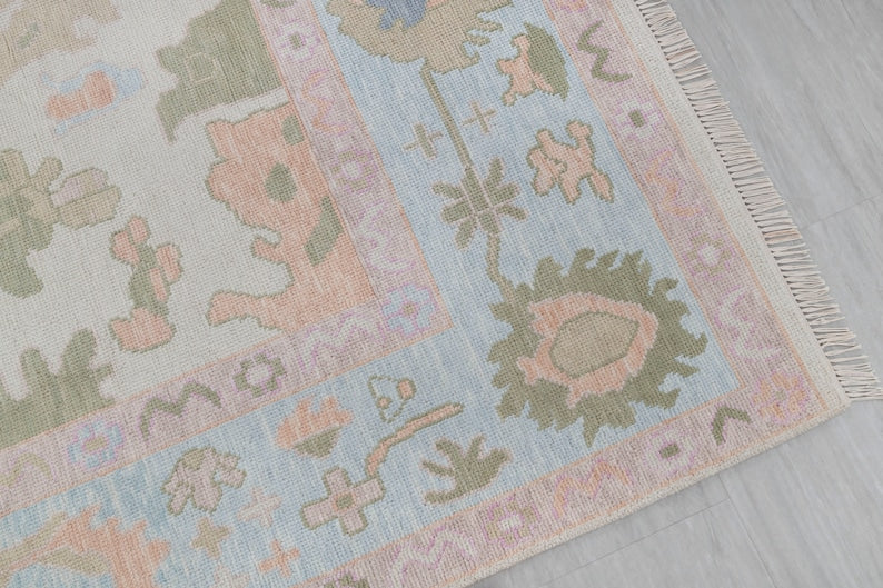 Vintage Pastel ivory and pink Oushak Rug - Handmade Turkish Floral Wool Carpet, Unique Distressed Area Rug for Living Room Decor”9x12 10x14 12x15