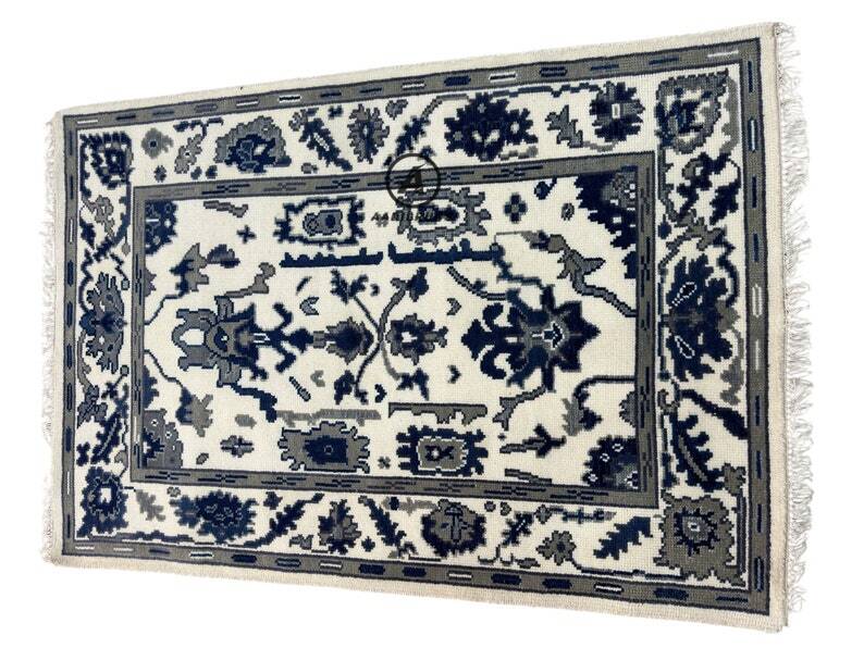 Handmade Indo-Rug – Geometric Lattice Design, Soft Beige & Gray, Luxury Wool Carpet.
