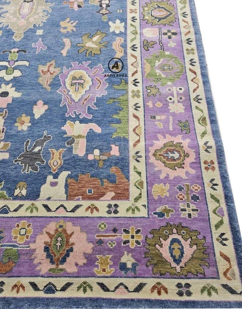 Pink And Blue oushak Rug, Modern, Vintage, Turkish, Eclectic, Floral, Pastel, Washable Area Rugs for Living Room, Dining, Bedroom, Nursery 9x12