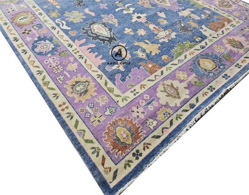 Pink And Blue oushak Rug, Modern, Vintage, Turkish, Eclectic, Floral, Pastel, Washable Area Rugs for Living Room, Dining, Bedroom, Nursery 9x12