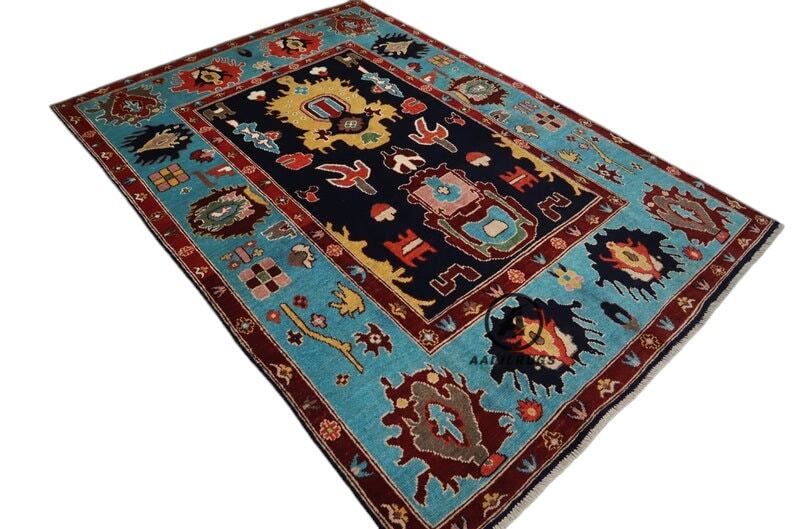 Modern pink Oushak Rug Handwoven Turkish Wool Area Rug with soft Black And Sky Blue Tones for bedroom,living room in multiple size,9x12,10,14