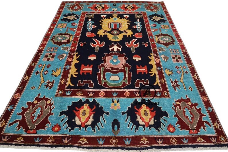 Modern pink Oushak Rug Handwoven Turkish Wool Area Rug with soft Black And Sky Blue Tones for bedroom,living room in multiple size,9x12,10,14