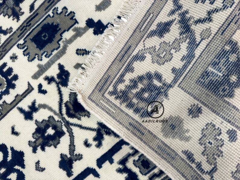 Handmade Indo-Rug – Geometric Lattice Design, Soft Beige & Gray, Luxury Wool Carpet.