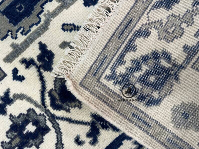Handmade Indo-Rug – Geometric Lattice Design, Soft Beige & Gray, Luxury Wool Carpet.