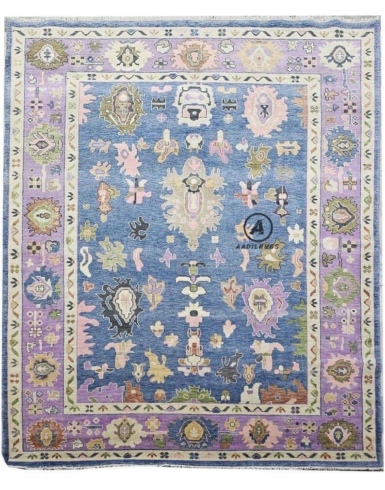 Pink And Blue oushak Rug, Modern, Vintage, Turkish, Eclectic, Floral, Pastel, Washable Area Rugs for Living Room, Dining, Bedroom, Nursery 9x12