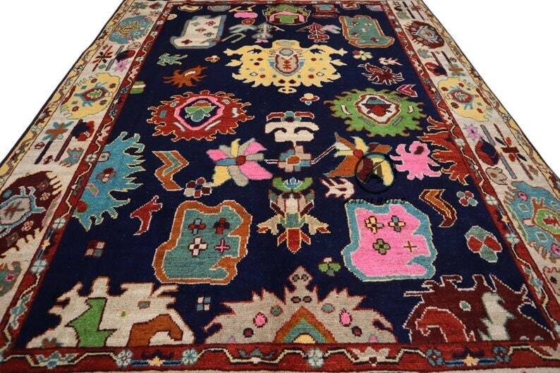 Muted Modern Oushak Rug- Turkish Wool Area Rug with Gray Base and Pastel Floral Accents. boho rug, oriental rug, dining room, bedroom,rug