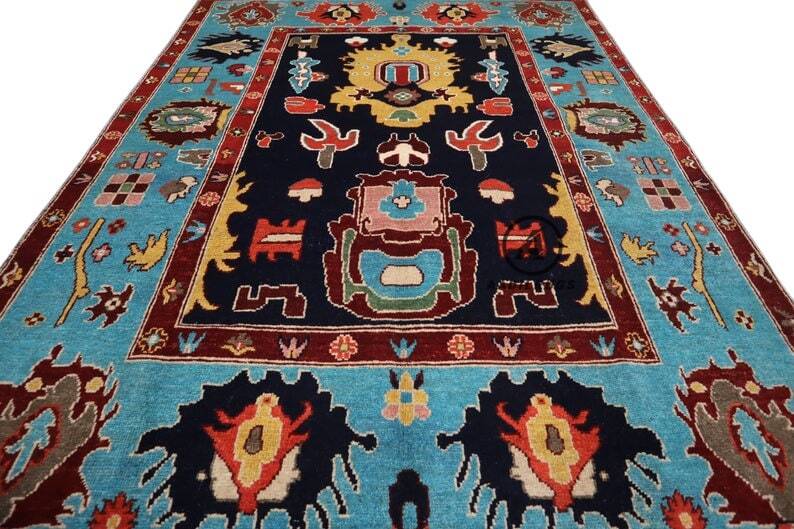 Modern pink Oushak Rug Handwoven Turkish Wool Area Rug with soft Black And Sky Blue Tones for bedroom,living room in multiple size,9x12,10,14