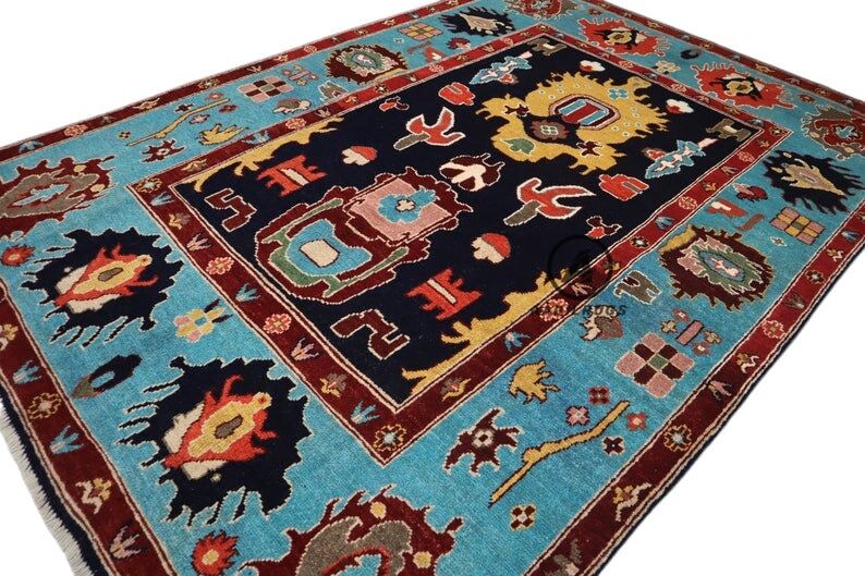 Modern pink Oushak Rug Handwoven Turkish Wool Area Rug with soft Black And Sky Blue Tones for bedroom,living room in multiple size,9x12,10,14