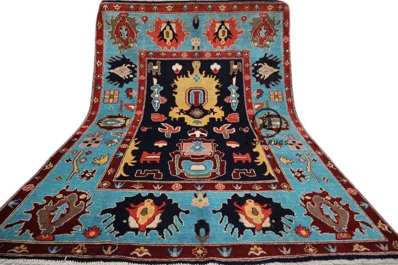 Modern pink Oushak Rug Handwoven Turkish Wool Area Rug with soft Black And Sky Blue Tones for bedroom,living room in multiple size,9x12,10,14