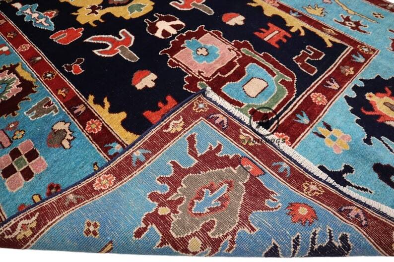 Modern pink Oushak Rug Handwoven Turkish Wool Area Rug with soft Black And Sky Blue Tones for bedroom,living room in multiple size,9x12,10,14