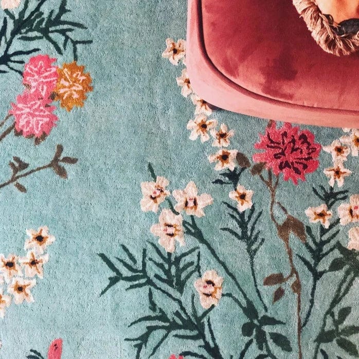 Red Flowers of Virtue Opal Blue 5x8 ft Hand Tufted Rug PRE ORDER