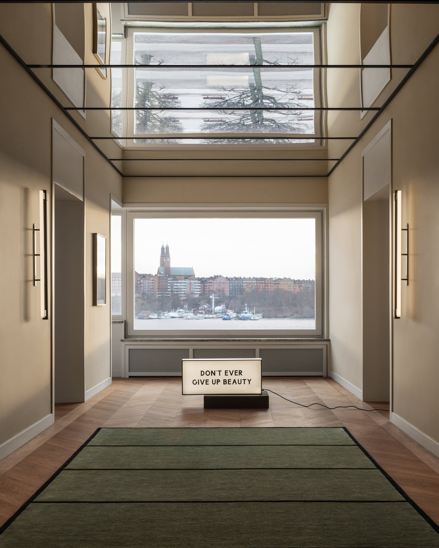 Dark Green Minimalist Rug for Living Room - Solid Olive with Black Border & Stripes - Modern Contemporary Carpet