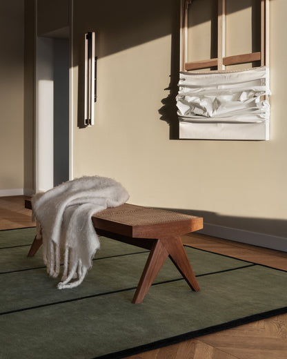 Dark Green Minimalist Rug for Living Room - Solid Olive with Black Border & Stripes - Modern Contemporary Carpet