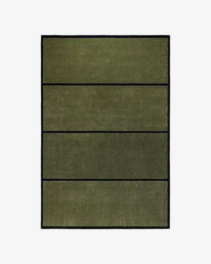 Dark Green Minimalist Rug for Living Room - Solid Olive with Black Border & Stripes - Modern Contemporary Carpet