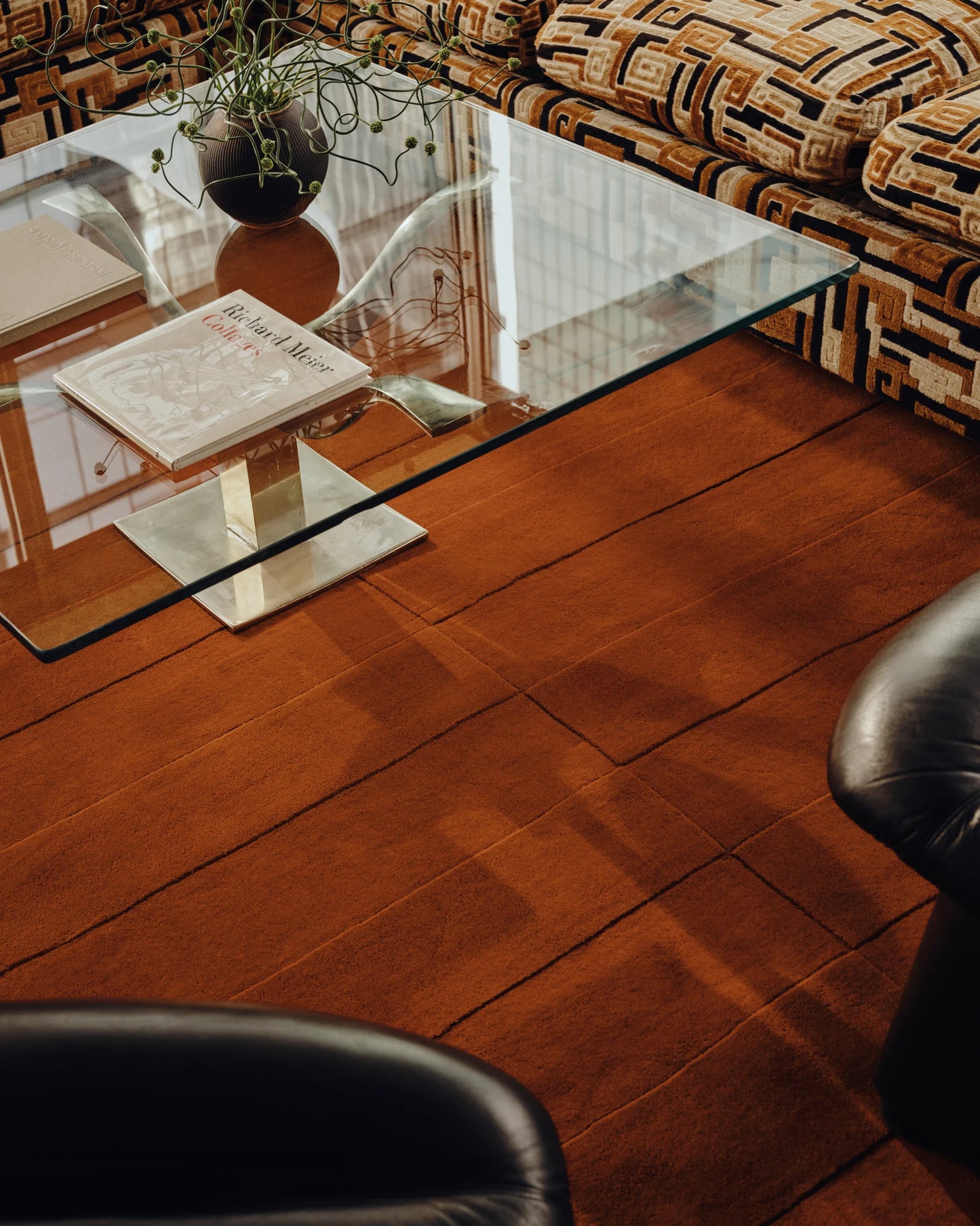 Modern Terracotta Hand Tufted Wool Area Rug with Geometric Grid Texture for Living Room | Contemporary Minimalist Burnt Orange Carpet for Bedroom