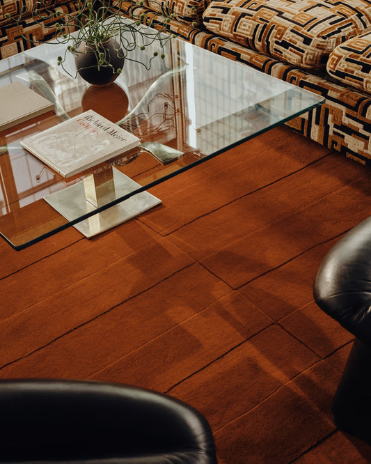 Modern Terracotta Hand Tufted Wool Area Rug with Geometric Grid Texture for Living Room | Contemporary Minimalist Burnt Orange Carpet for Bedroom