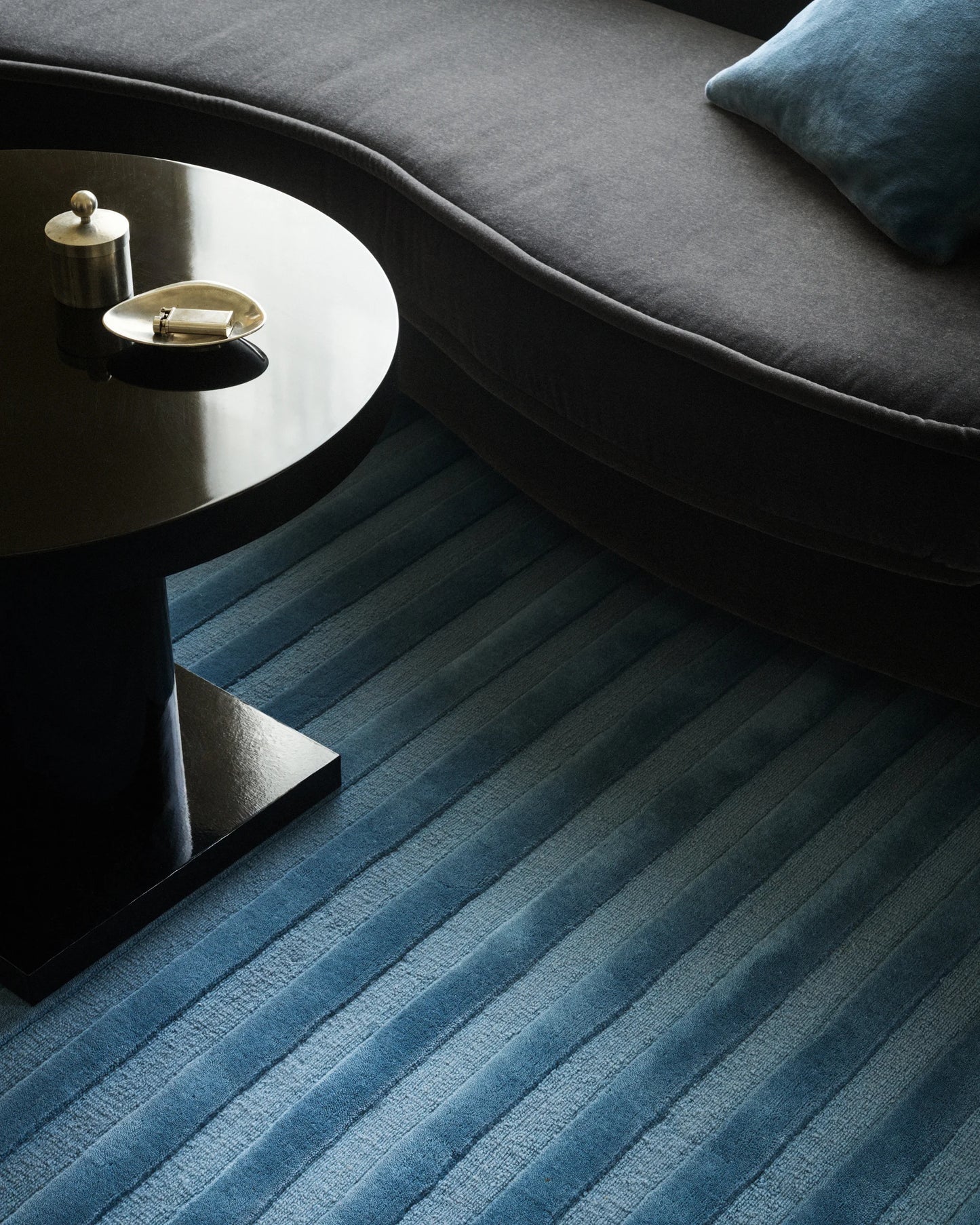 Modern Denim Blue Hand Tufted Wool Area Rug with Linear Texture for Living Room | Contemporary Minimalist Ribbed Blue Carpet for Bedroom Decor
