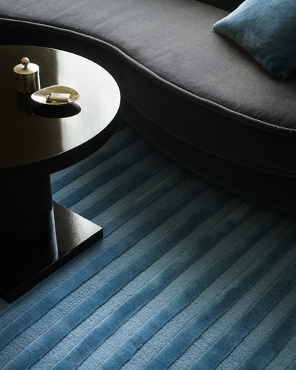Modern Denim Blue Hand Tufted Wool Area Rug with Linear Texture for Living Room | Contemporary Minimalist Ribbed Blue Carpet for Bedroom Decor