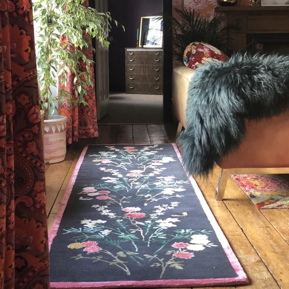 Black & Pink Flowers of Virtue Sardinian Pink Hand Tufted Runner Rug PRE ORDER