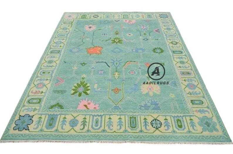 Green Peach color Hand knotted Oushak Area Rug- Pastel Floral Pattern, Vintage-Style Turkish Wool Carpet- Bohemian Home Decor large area rug 8x10,9x12,12x15