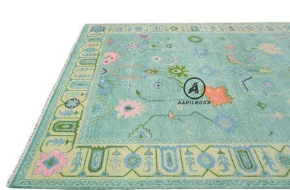 Green Peach color Hand knotted Oushak Area Rug- Pastel Floral Pattern, Vintage-Style Turkish Wool Carpet- Bohemian Home Decor large area rug 8x10,9x12,12x15