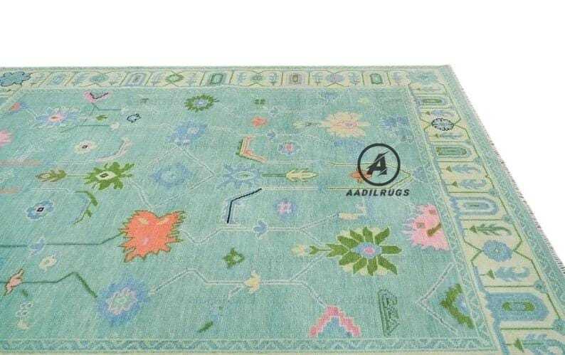 Green Peach color Hand knotted Oushak Area Rug- Pastel Floral Pattern, Vintage-Style Turkish Wool Carpet- Bohemian Home Decor large area rug 8x10,9x12,12x15